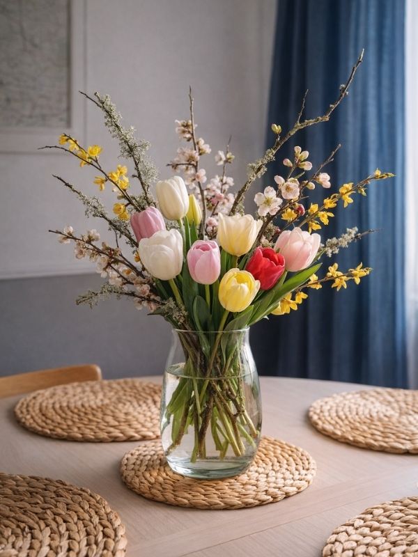 Wiosenny bukiet z tulipanów i gałęzi – florystyka domowa na Wielkanoc